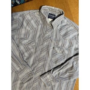 Wrangler Western Shirt Men's XLT Tall Gray Stripe Pearl Snap Rodeo Cowboy Y2K